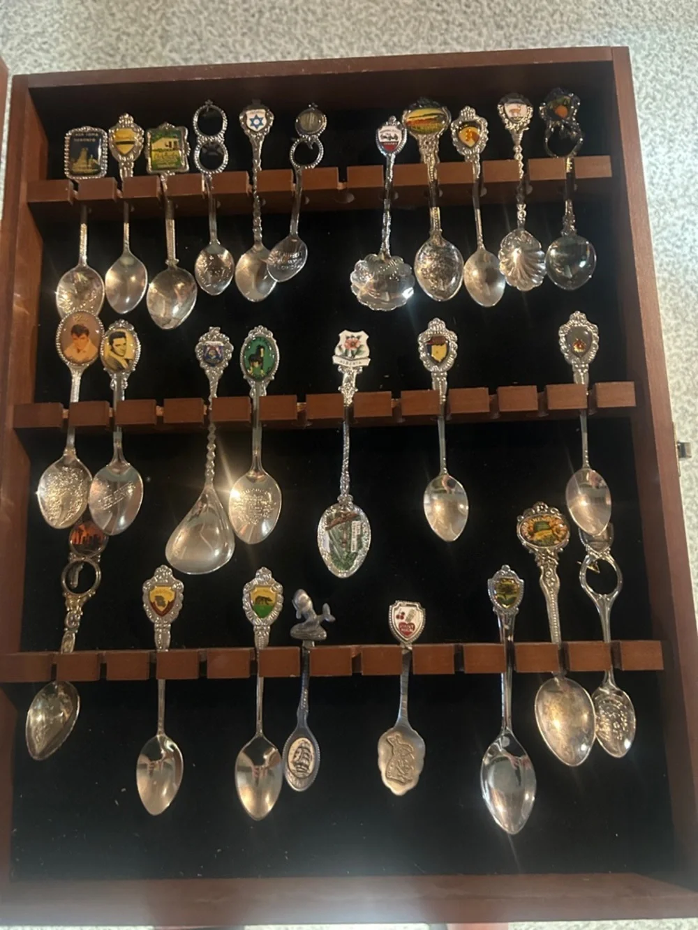 Collector’s Display Case of Decorative 26 Souvenir Spoons